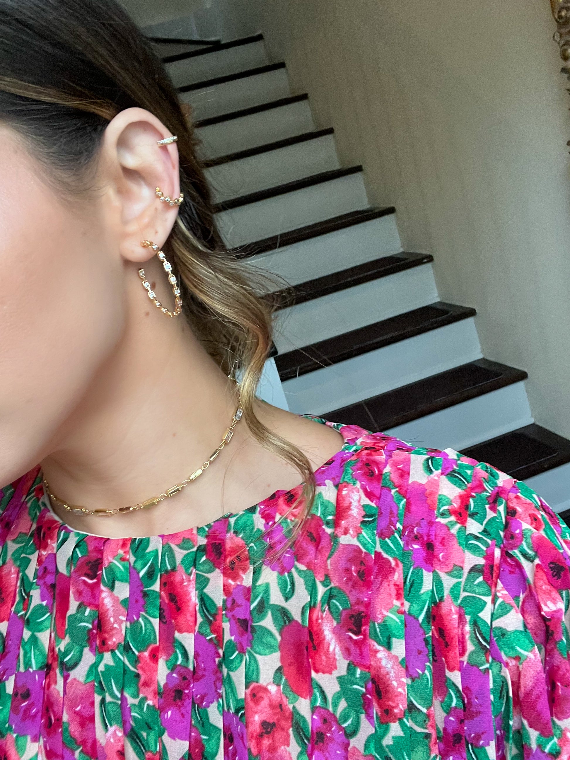 gold hoops. unique gold hoops.  diamond hoop earrings. hoop earrings. gold hoop earrings. chain hoops. gold and diamond earrings. gold statement earrings. special occasion earrings. jewelry to wear with black dress. earring shop. earrings to wear to wedding. earring style. trendy jewelry. earring trends. affordable earrings. diamond earrings. gold earrings. 18k gold filled earrings. earrings for women. jewelry brand. cool jewelry for women. gold hoops light weight