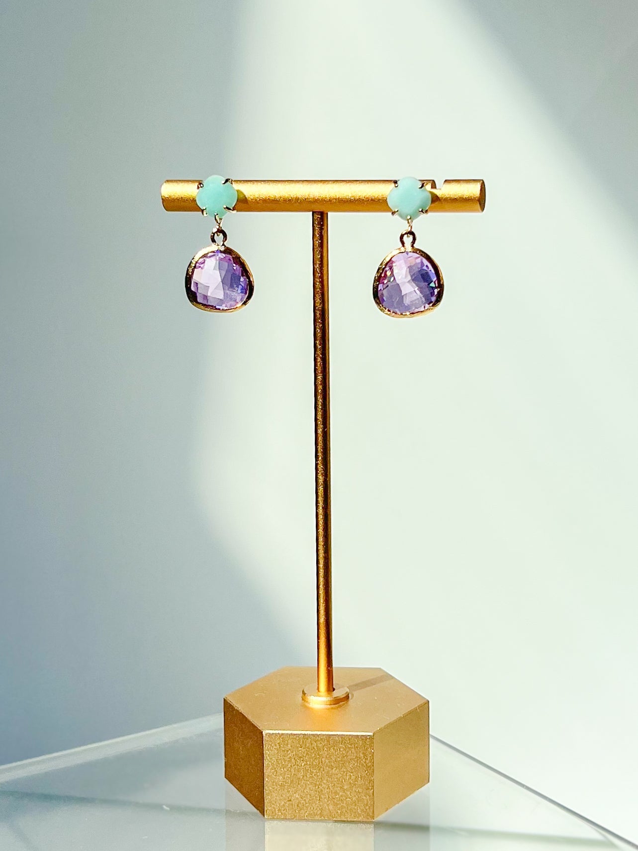 colorful gemstone earrings. amazonite earrings. lavender earrings. colorful statement earrings. trendy earrings. affordable fun earrings. gemstone jewelry. trendy jewelry brand. trendy earrings. trendy jewelry style