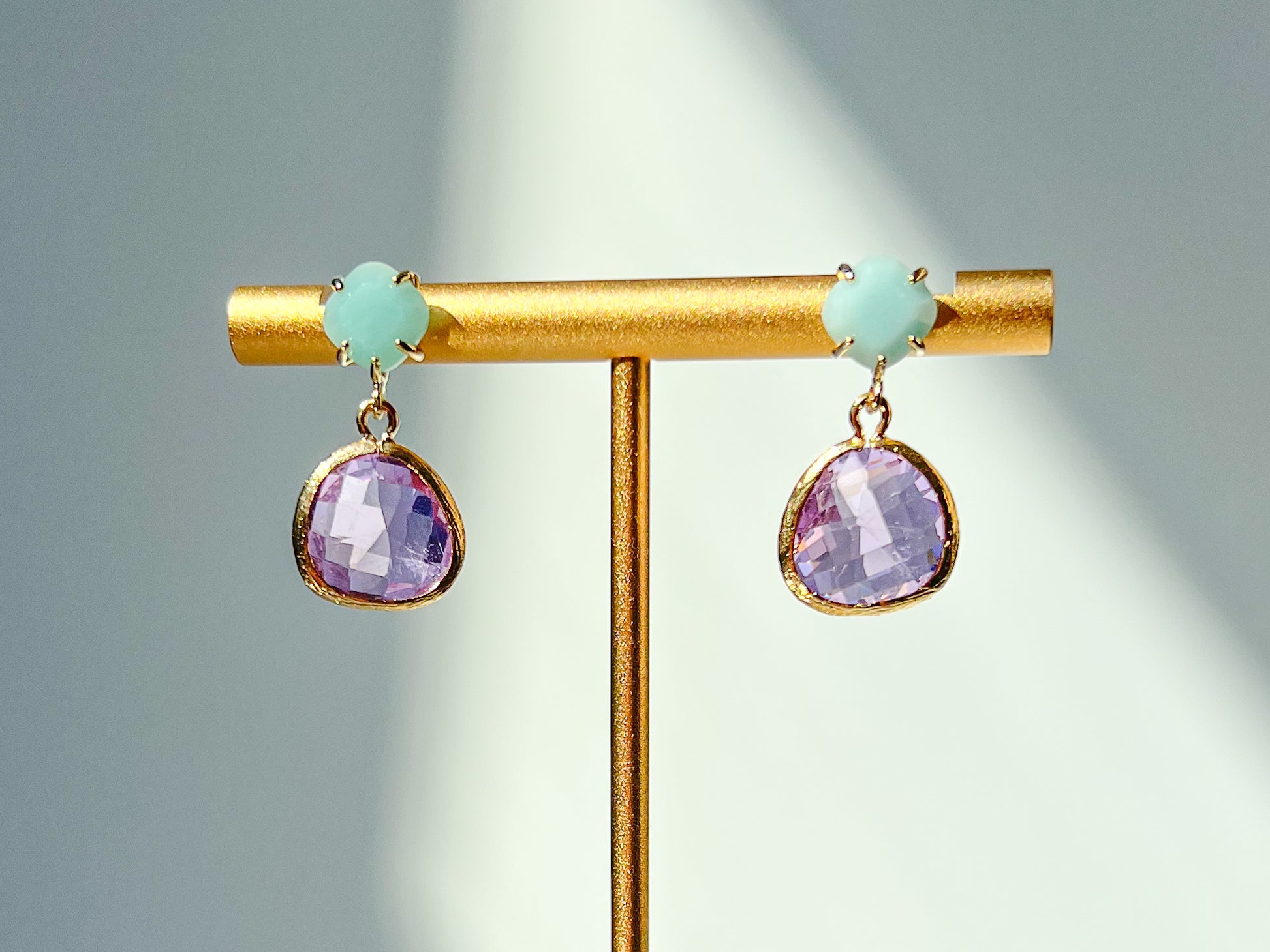 colorful gemstone earrings. amazonite earrings. lavender earrings. colorful statement earrings. trendy earrings. affordable fun earrings. gemstone jewelry. trendy jewelry brand. trendy earrings. trendy jewelry style