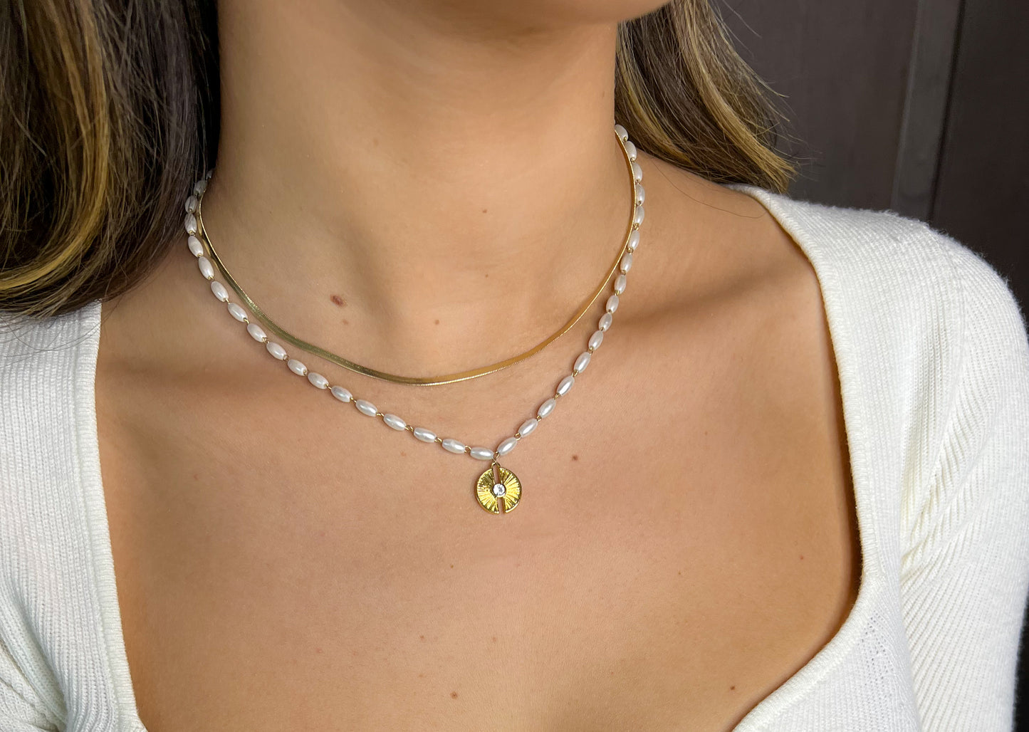 Pearl and gold coin layering necklace. Vintage inspired gold coin medallion pendant.