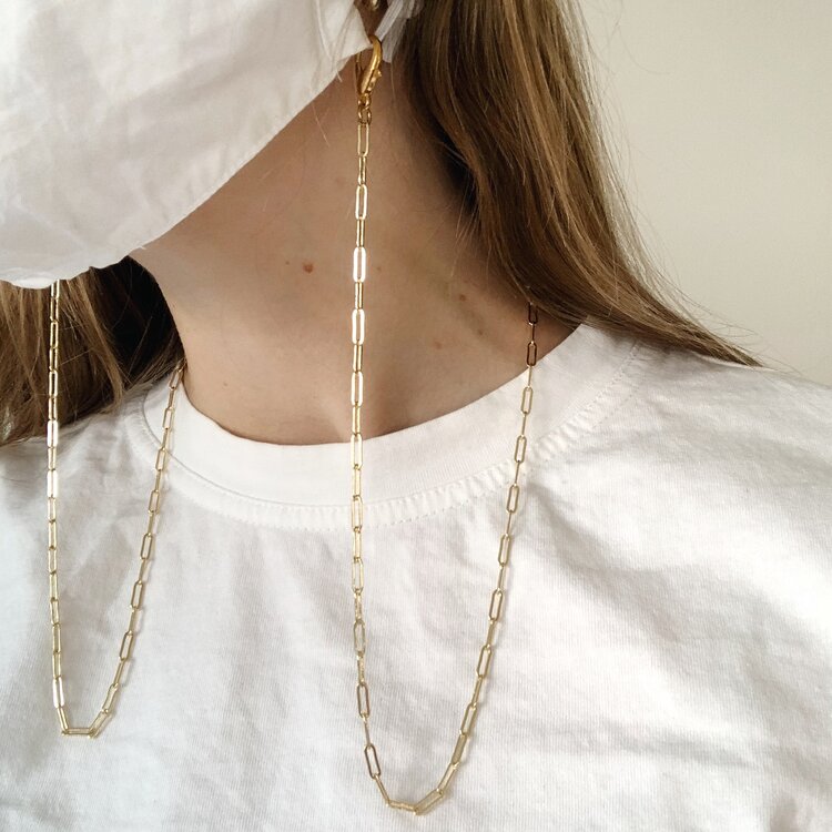 gold paperclip style mask chain and necklace