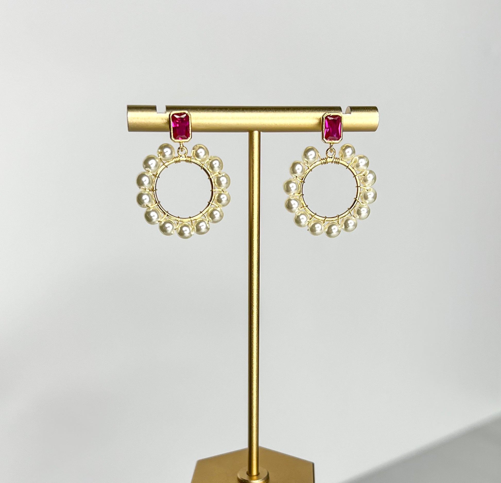 pearl and fuchsia pink gemstone statement earrings