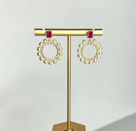 pearl and fuchsia pink gemstone statement earrings