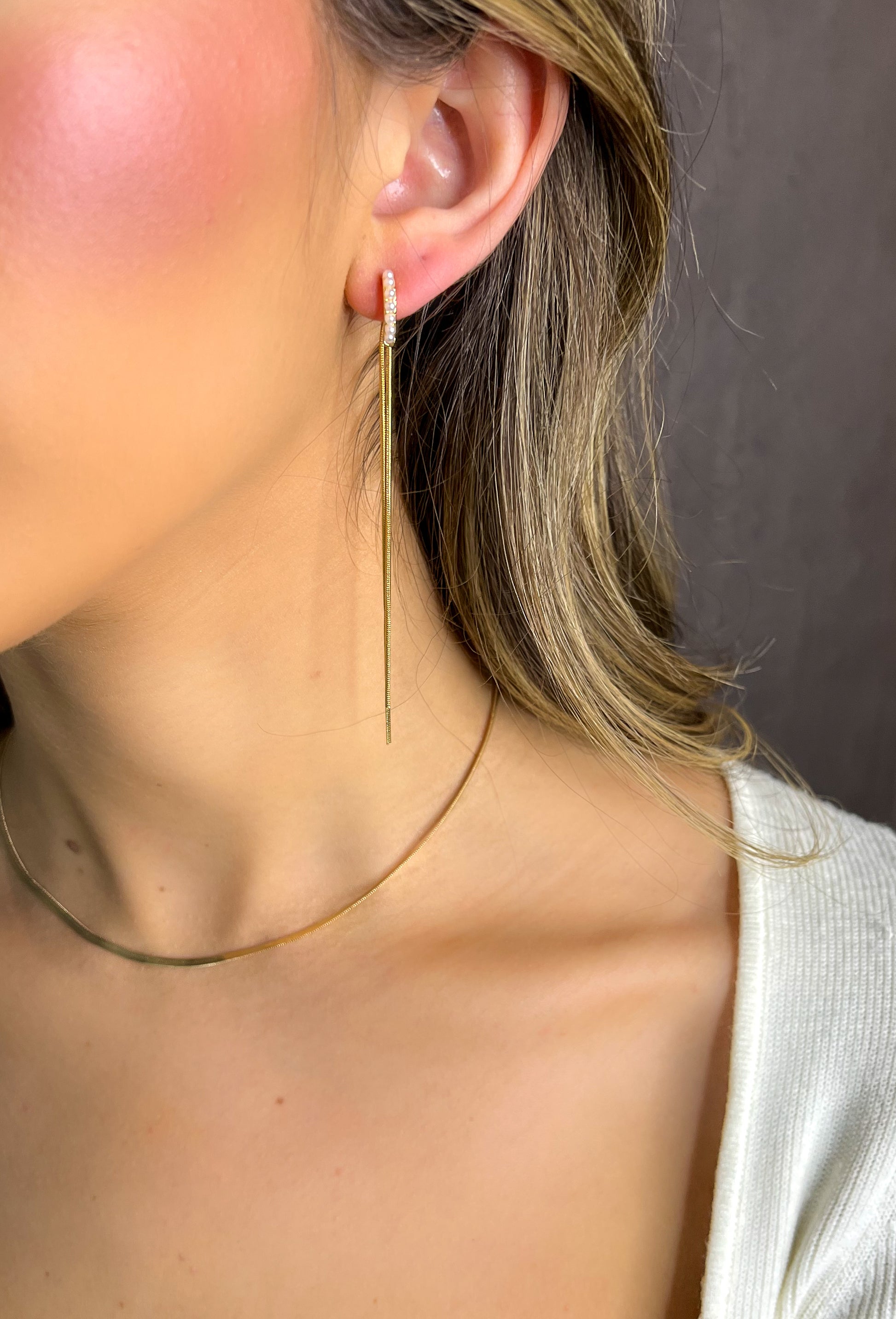 pearl bar stud earrings with gold chain tassel ear jacket