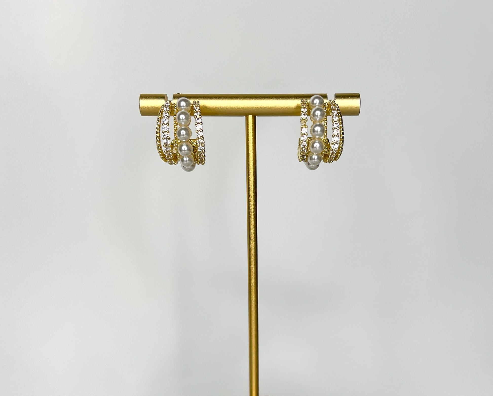 holiday earrings. gold, pearl and diamond hoop earrings