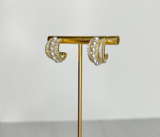 holiday earrings. gold, pearl and diamond hoop earrings