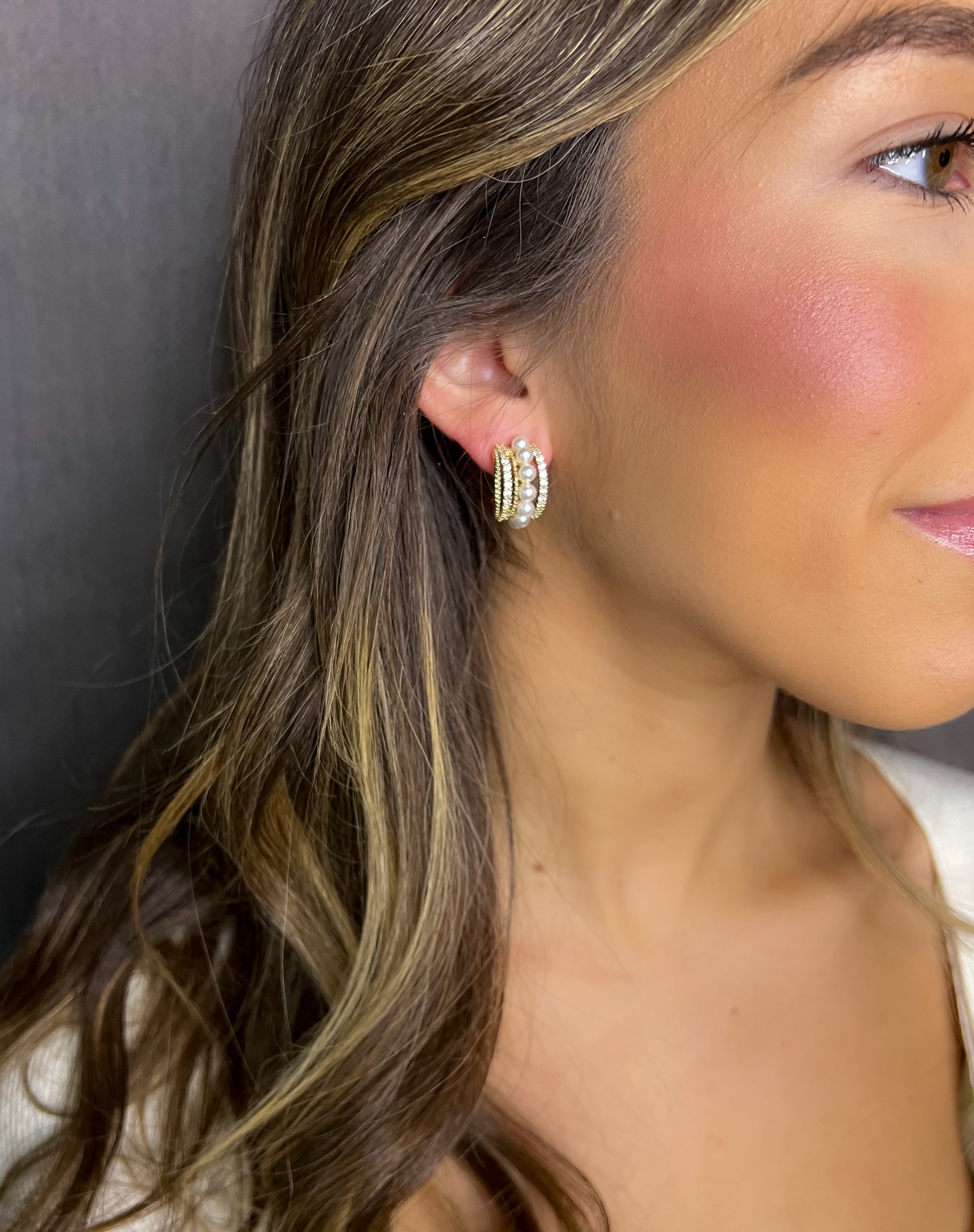 trendy holiday earrings. gold, pearl and diamond hoop earrings