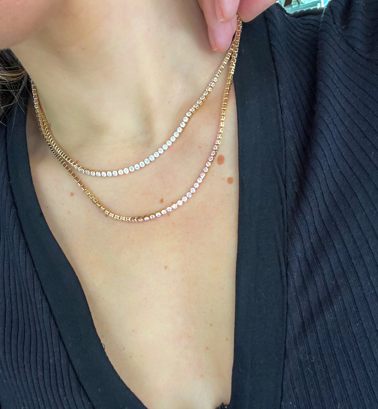 tennis necklaces layered. white diamond tennis necklace and pink diamond tennis necklace