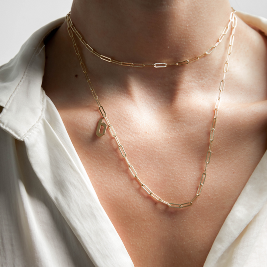 gold paperclip chain necklace with gothic gold initial pendant
