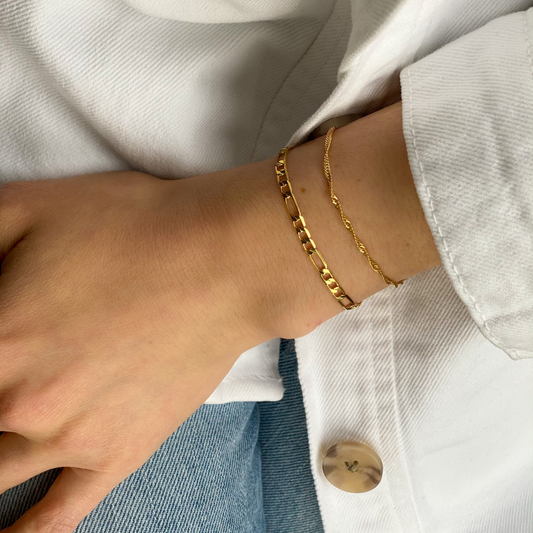gold figaro chain bracelet and dainty gold twist chain braeclet